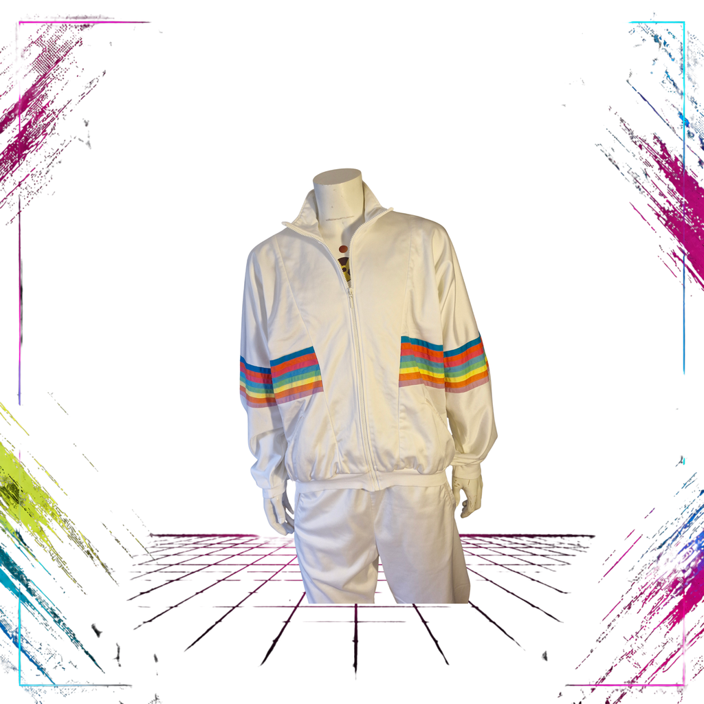 1980s/90s Torstai Club A Rainbow Cyber tracksuit set — front detail view, Finnish vintage holy grail, size XL — ThePlugOfVintage
