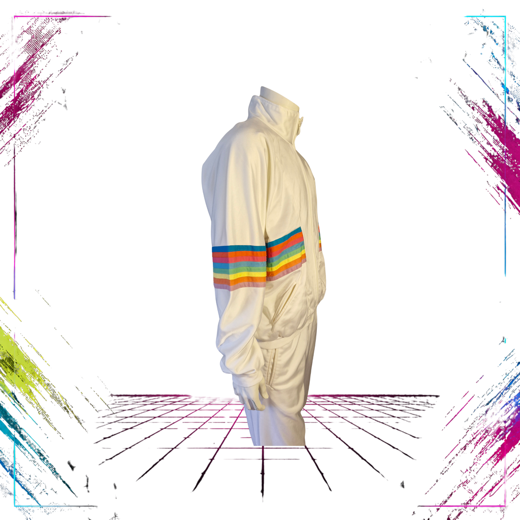 1980s/90s Torstai Club A Rainbow Cyber tracksuit set — left view, bold rainbow graphic print, size XL — ThePlugOfVintage