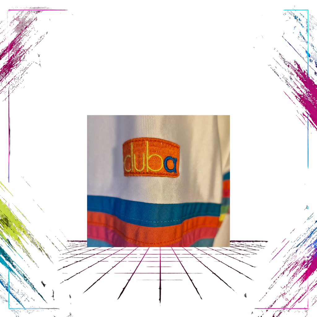 1980s/90s Torstai Club A Rainbow Cyber tracksuit — sleeve detail, rainbow graphic print close-up — ThePlugOfVintage