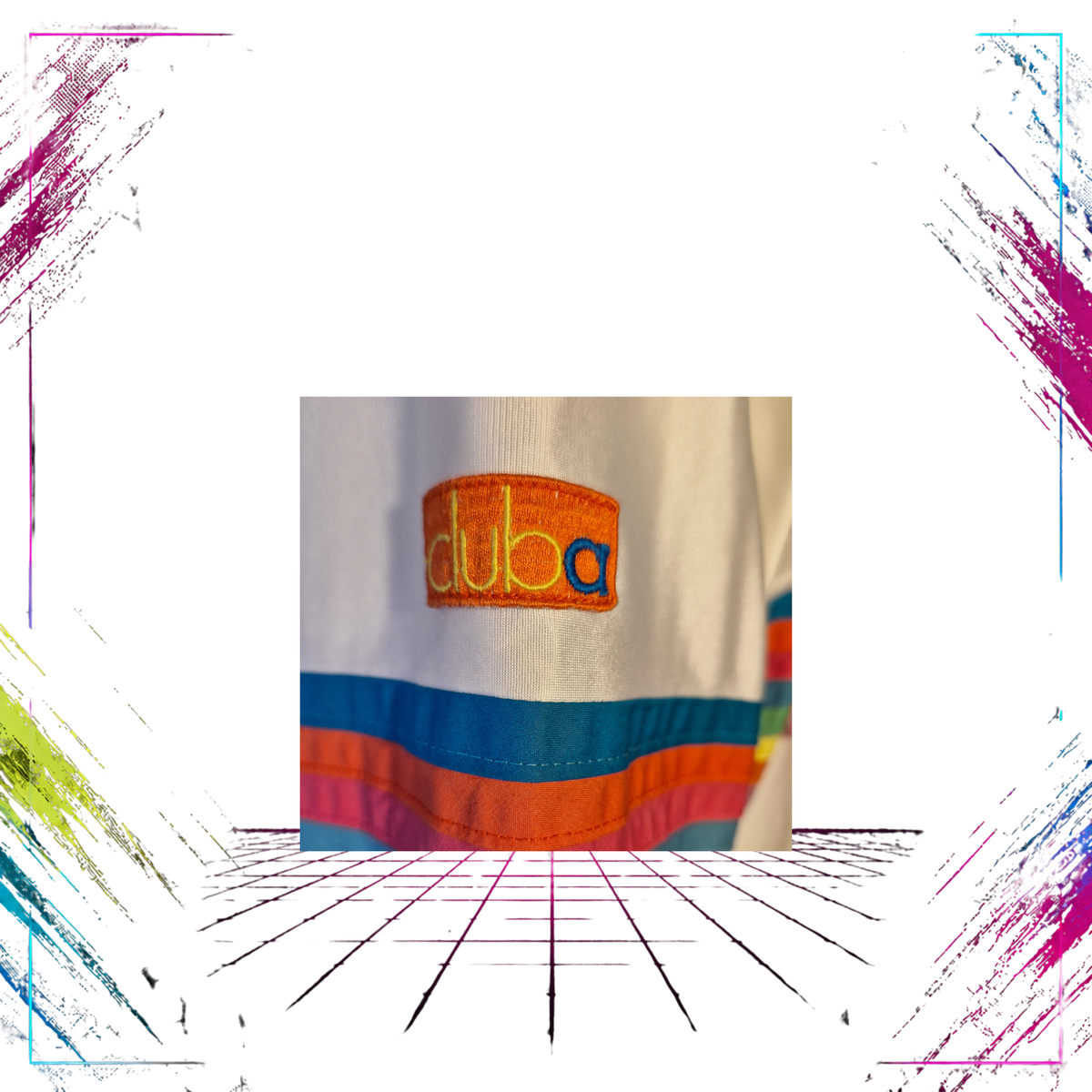 1980s/90s Torstai Club A Rainbow Cyber tracksuit — sleeve detail, rainbow graphic print close-up — ThePlugOfVintage
