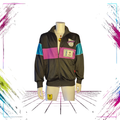 1989 Adidas Athletic Line multi-crest track jacket — front open view, black/magenta/teal — Size M — ThePlugOfVintage