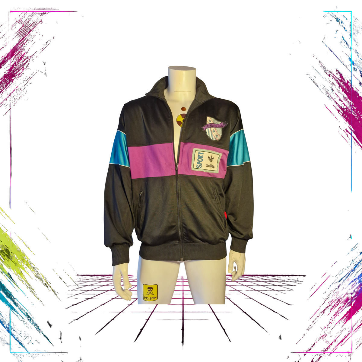 1989 Adidas Athletic Line multi-crest track jacket — front open view, black/magenta/teal — Size M — ThePlugOfVintage