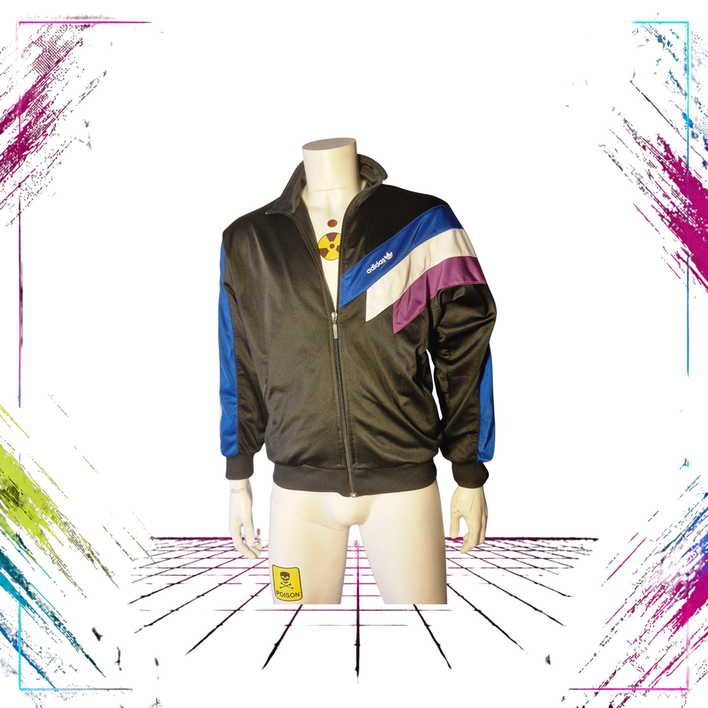 Archival mid-90s Adidas asymmetric colourblock track jacket — front view, black/blue/white/purple — Size S — ThePlugOfVintage