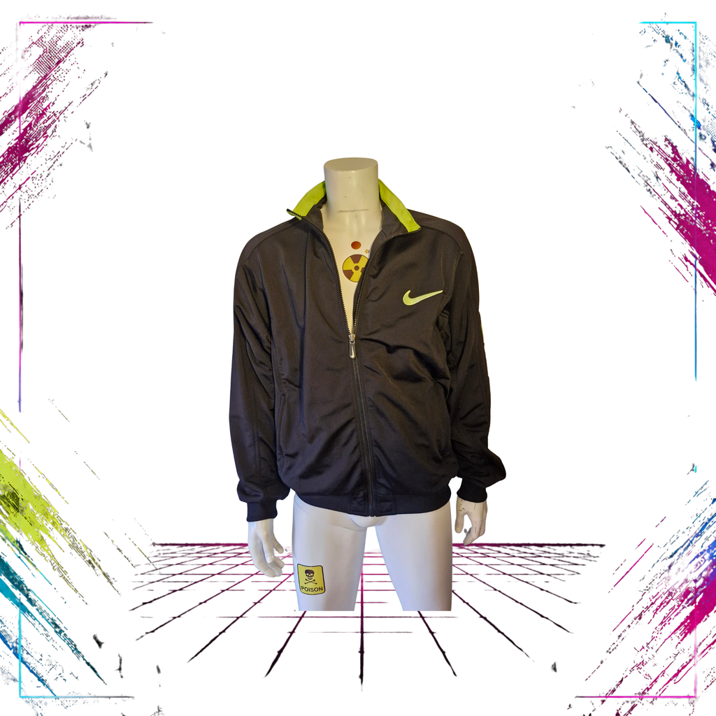 1996 Nike White Tag spellout sleeve track jacket — right side view, black/volt — ThePlugOfVintage