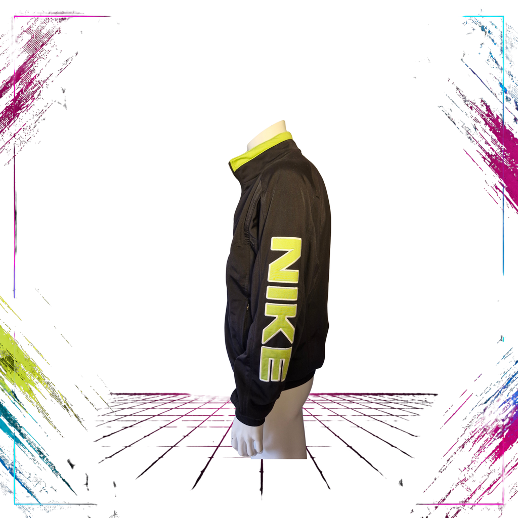 1996 Nike White Tag spellout sleeve track jacket — side spellout embroidery detail, black/volt — Size M — ThePlugOfVintage
