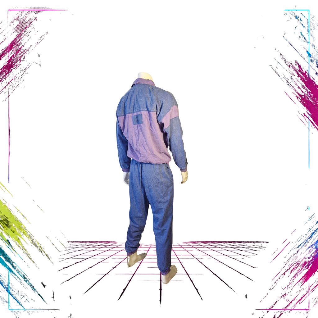 1989 Adidas deadstock polo-neck tracksuit set — back side view, pastel lilac — ThePlugOfVintage