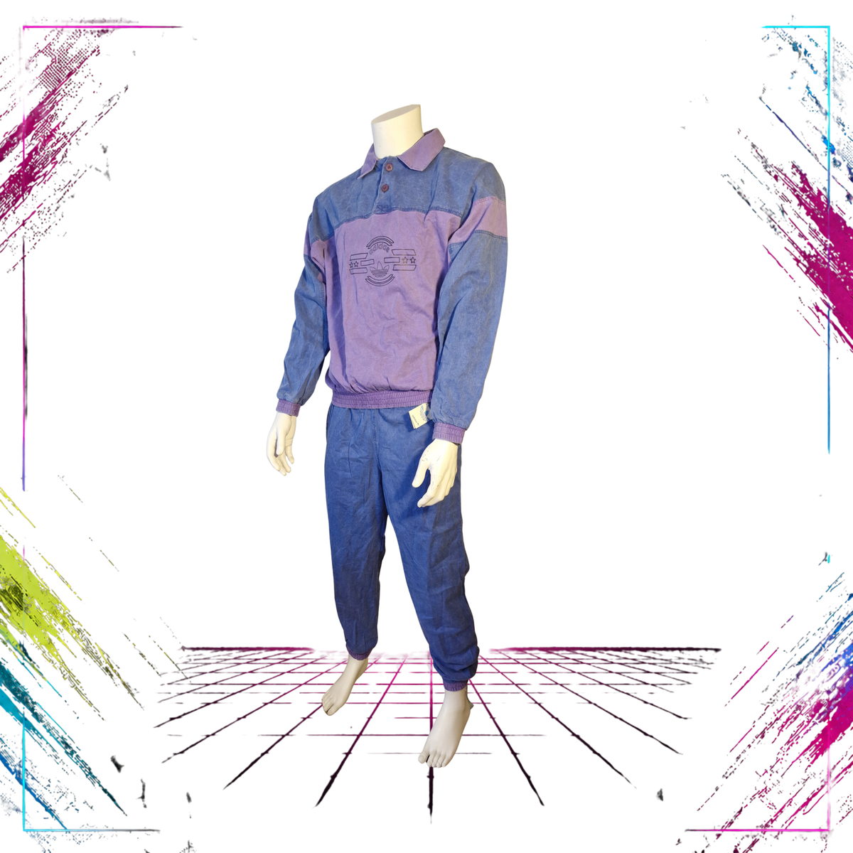 1989 Adidas deadstock polo-neck tracksuit set — front view, pastel lilac/blue denim wash — Size US S (M) — ThePlugOfVintage