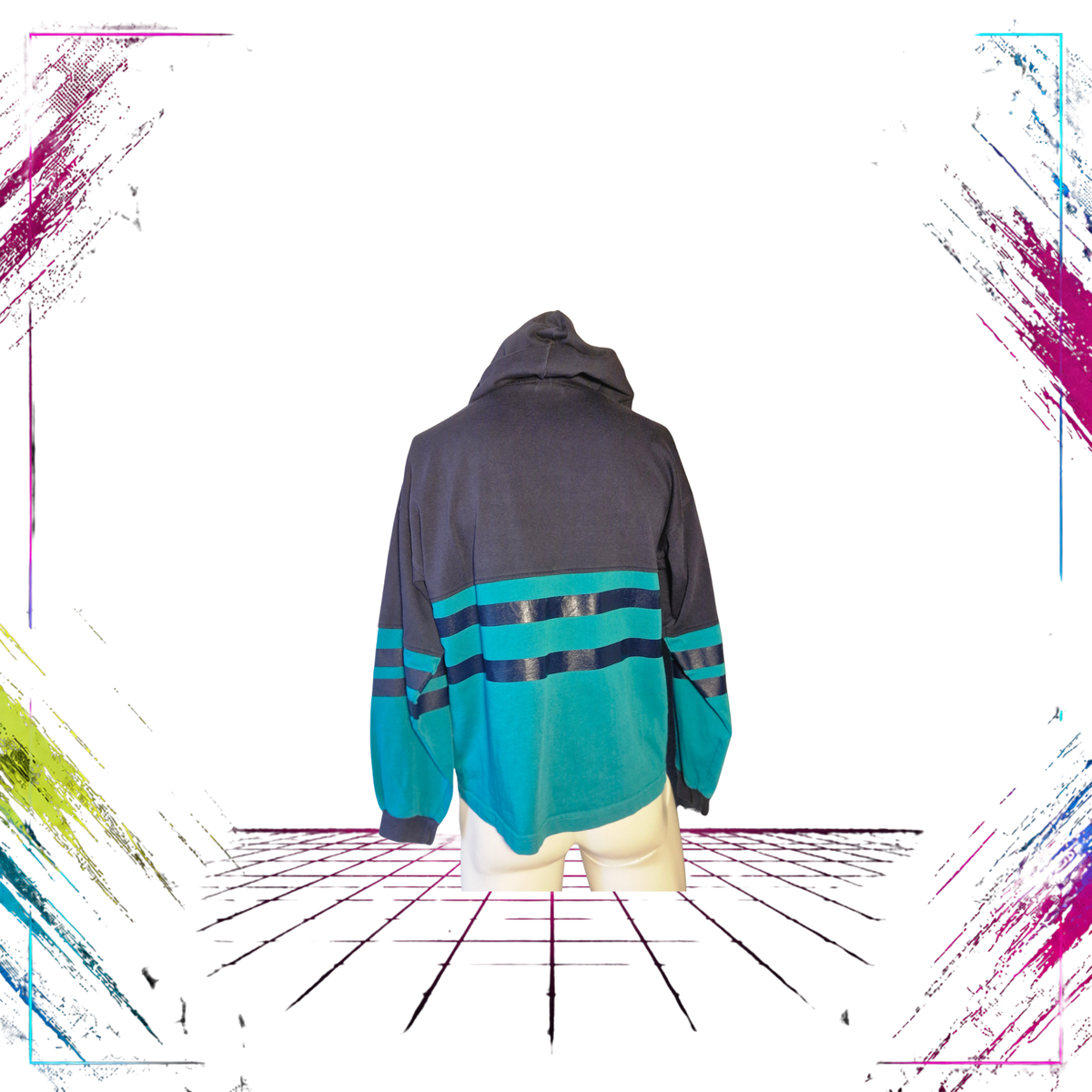 Late 80s Nike Grey Tag Oregon cotton hoodie — back view, turquoise & pink — Size M — ThePlugOfVintage