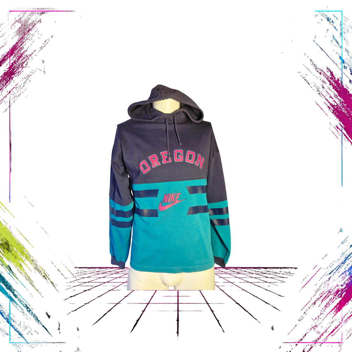 Late 80s Nike Grey Tag Oregon cotton hoodie — front view, turquoise & pink — Size M — ThePlugOfVintage