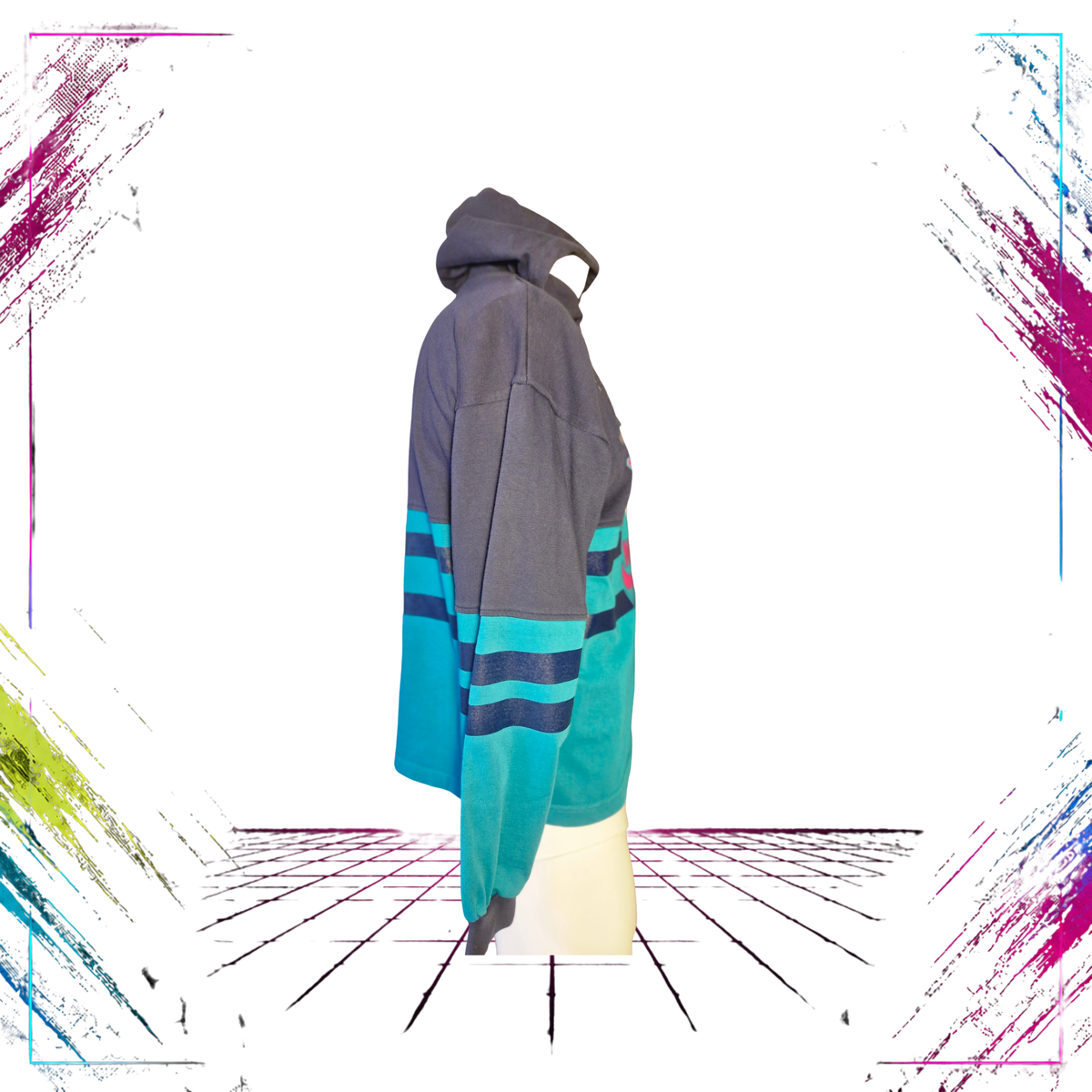 Late 80s Nike Grey Tag Oregon cotton hoodie — side view, turquoise & pink — Size M — ThePlugOfVintage