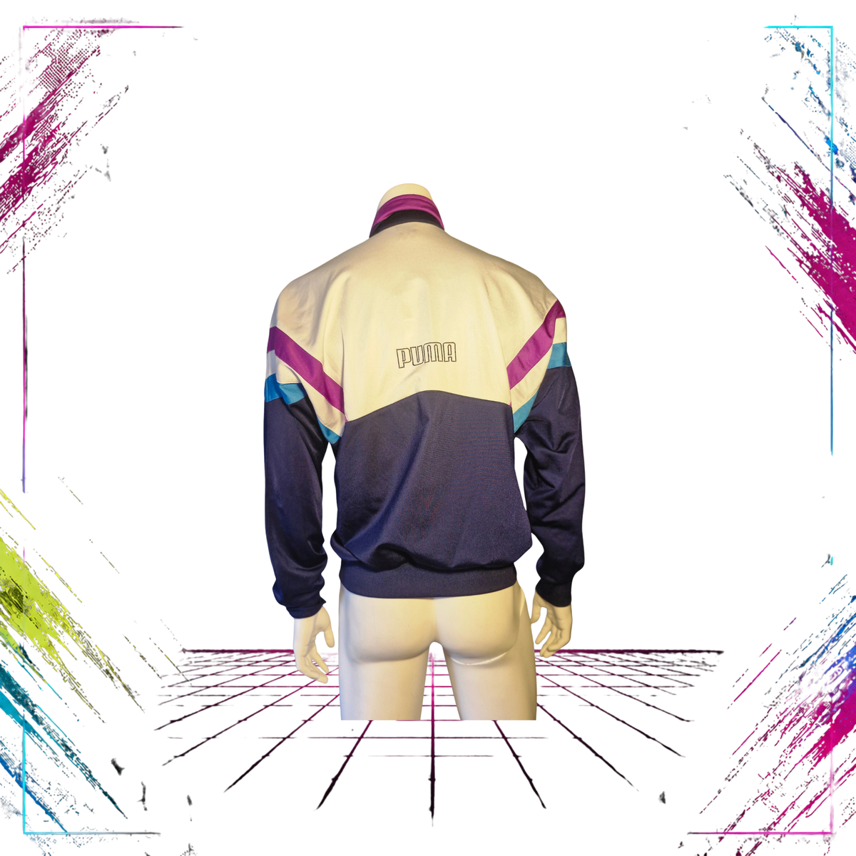 Late 80s Puma colourblock track jacket — back view, dark navy/turquoise/purple — Sultrade Oy — ThePlugOfVintage