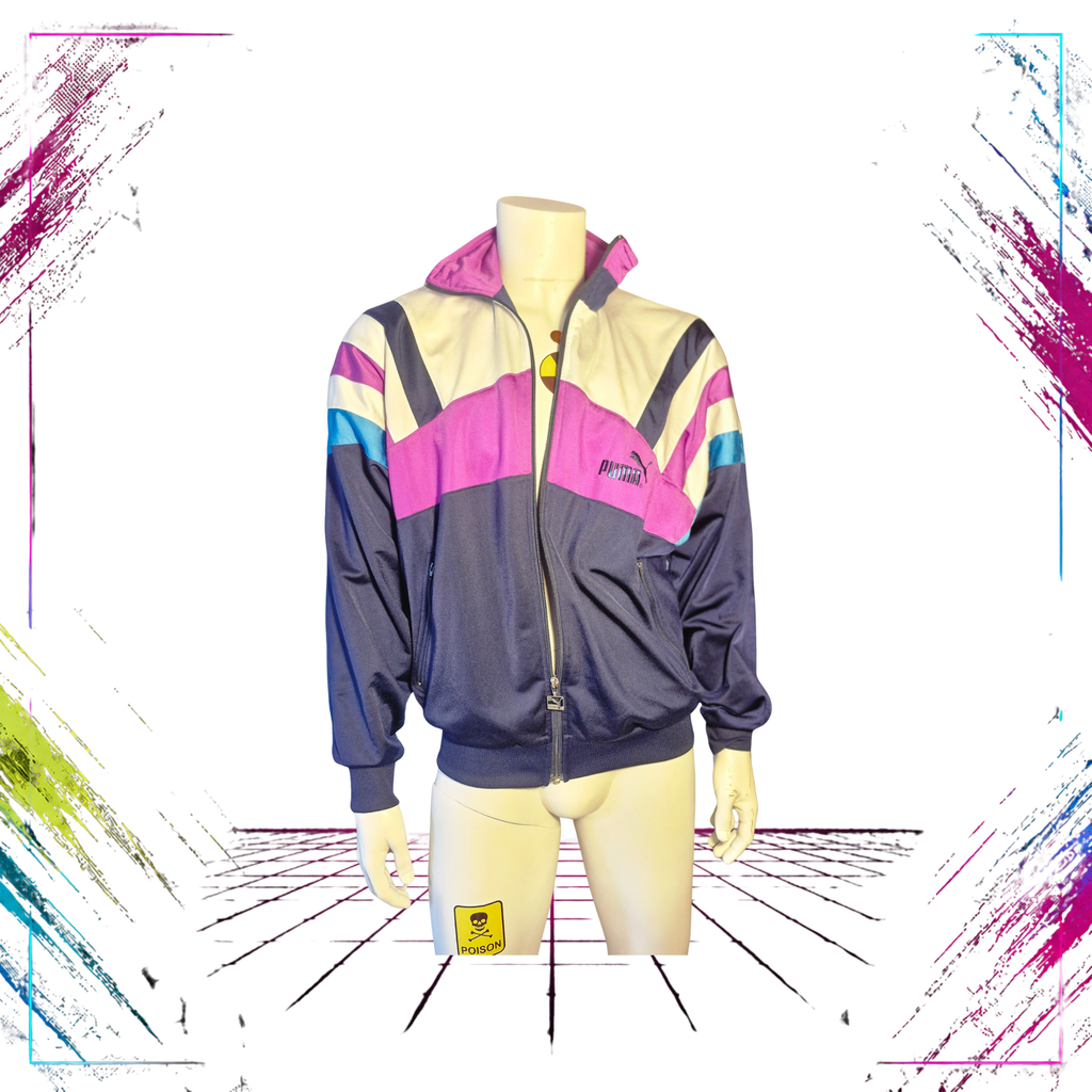 Late 80s Puma colourblock track jacket — front view, dark navy/turquoise/purple — Sultrade Oy — Size S — ThePlugOfVintage
