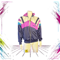 Late 80s Puma colourblock track jacket — front view, dark navy/turquoise/purple — Sultrade Oy — Size S — ThePlugOfVintage