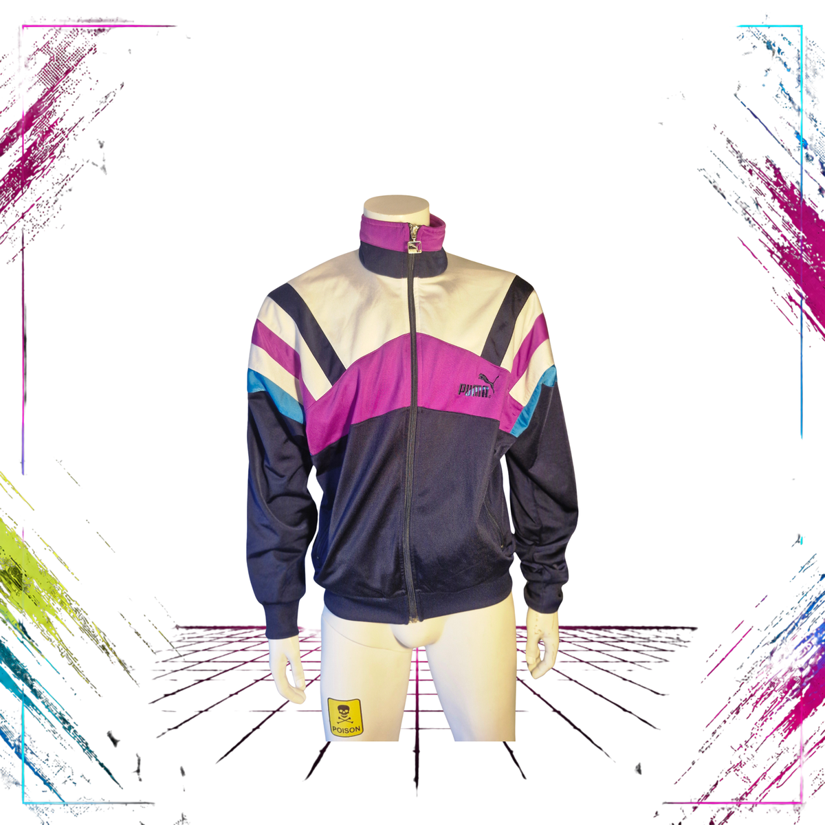 Late 80s Puma colourblock track jacket — front closed view — Sultrade Oy — ThePlugOfVintage