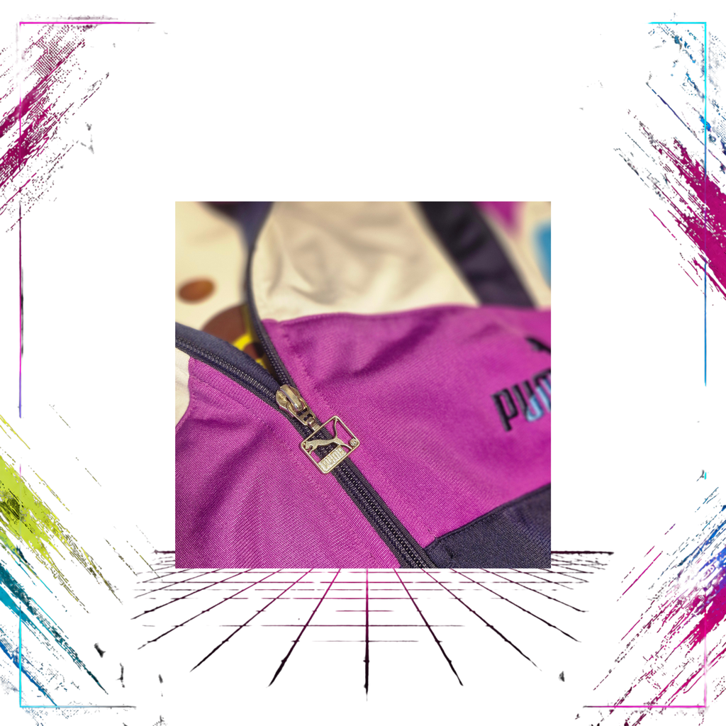 Late 80s Puma colourblock track jacket — front zipper detail — Sultrade Oy — ThePlugOfVintage