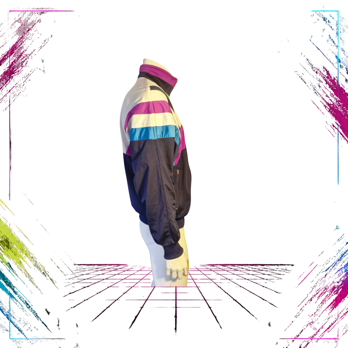 Late 80s Puma colourblock track jacket — side view, dark navy/turquoise/purple — Sultrade Oy — ThePlugOfVintage
