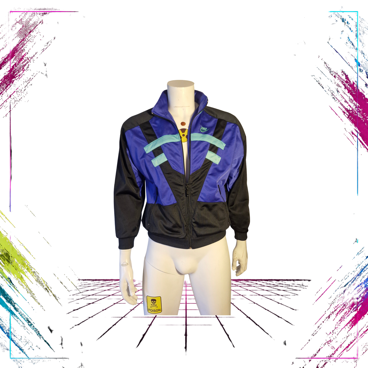 Early 90s Nike Silver Tag geometric colourblock track jacket — front open view, teal/black/mint green — Size LB — ThePlugOfVintage