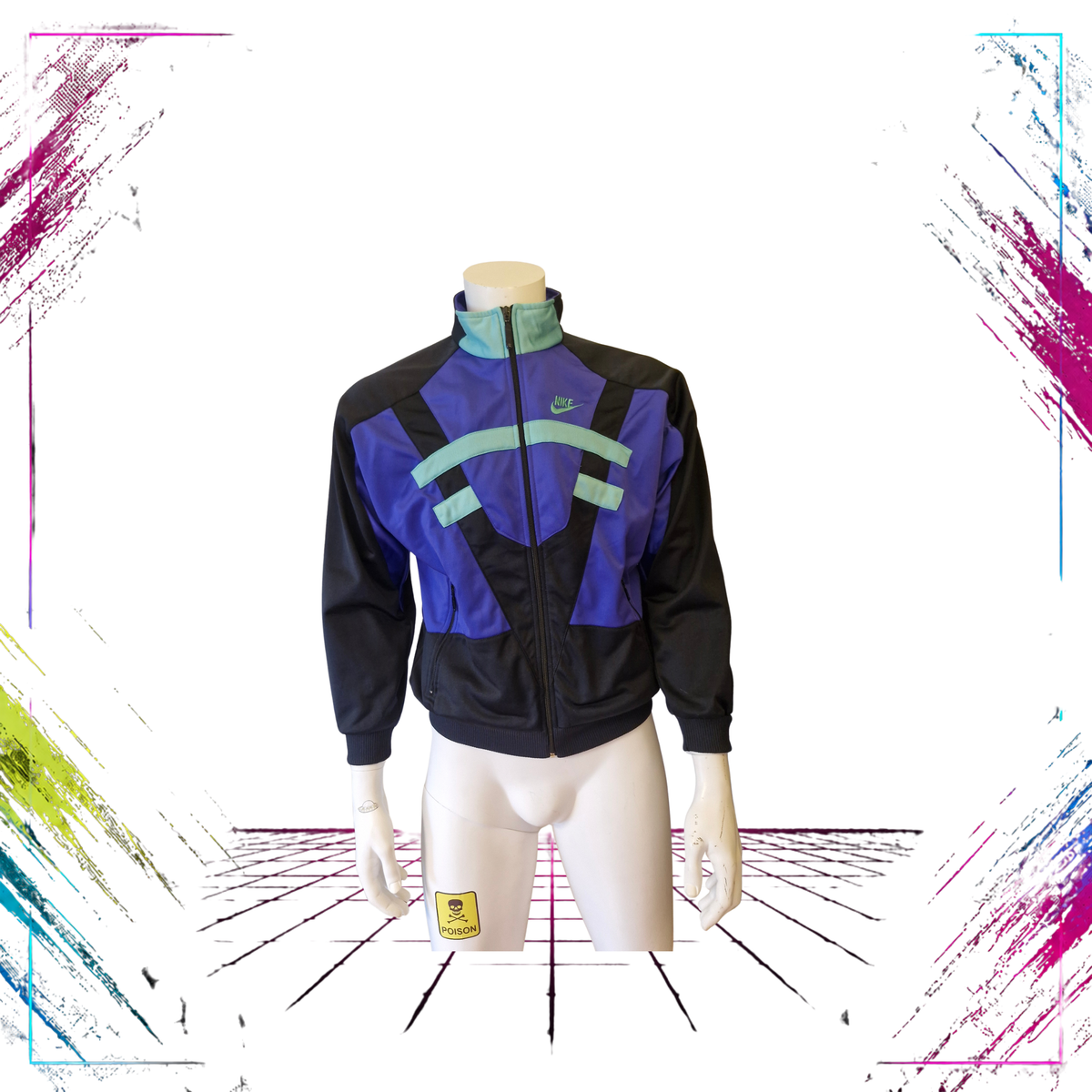 Early 90s Nike Silver Tag geometric colourblock track jacket — front closed view, teal/black/mint green — ThePlugOfVintage