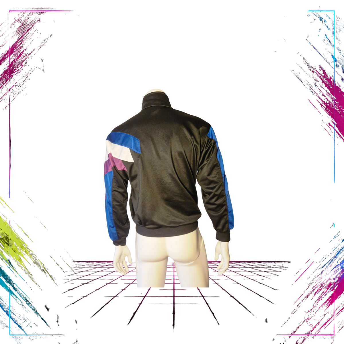 Archival mid-90s Adidas asymmetric colourblock track jacket — back view, black/blue/white/purple — ThePlugOfVintage