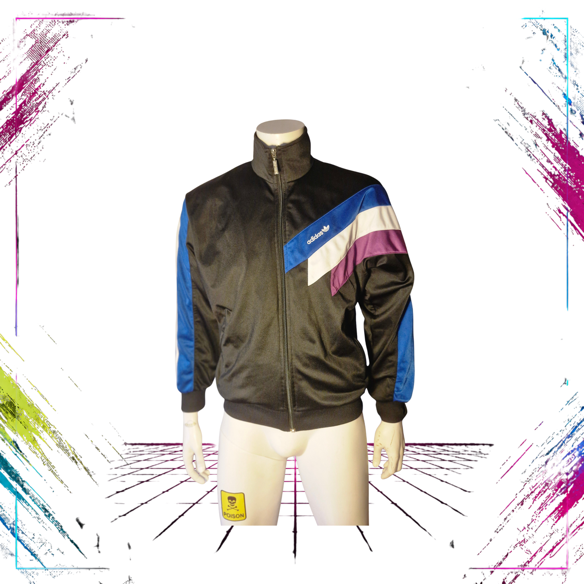 Archival mid-90s Adidas asymmetric colourblock track jacket — closed front view — ThePlugOfVintag