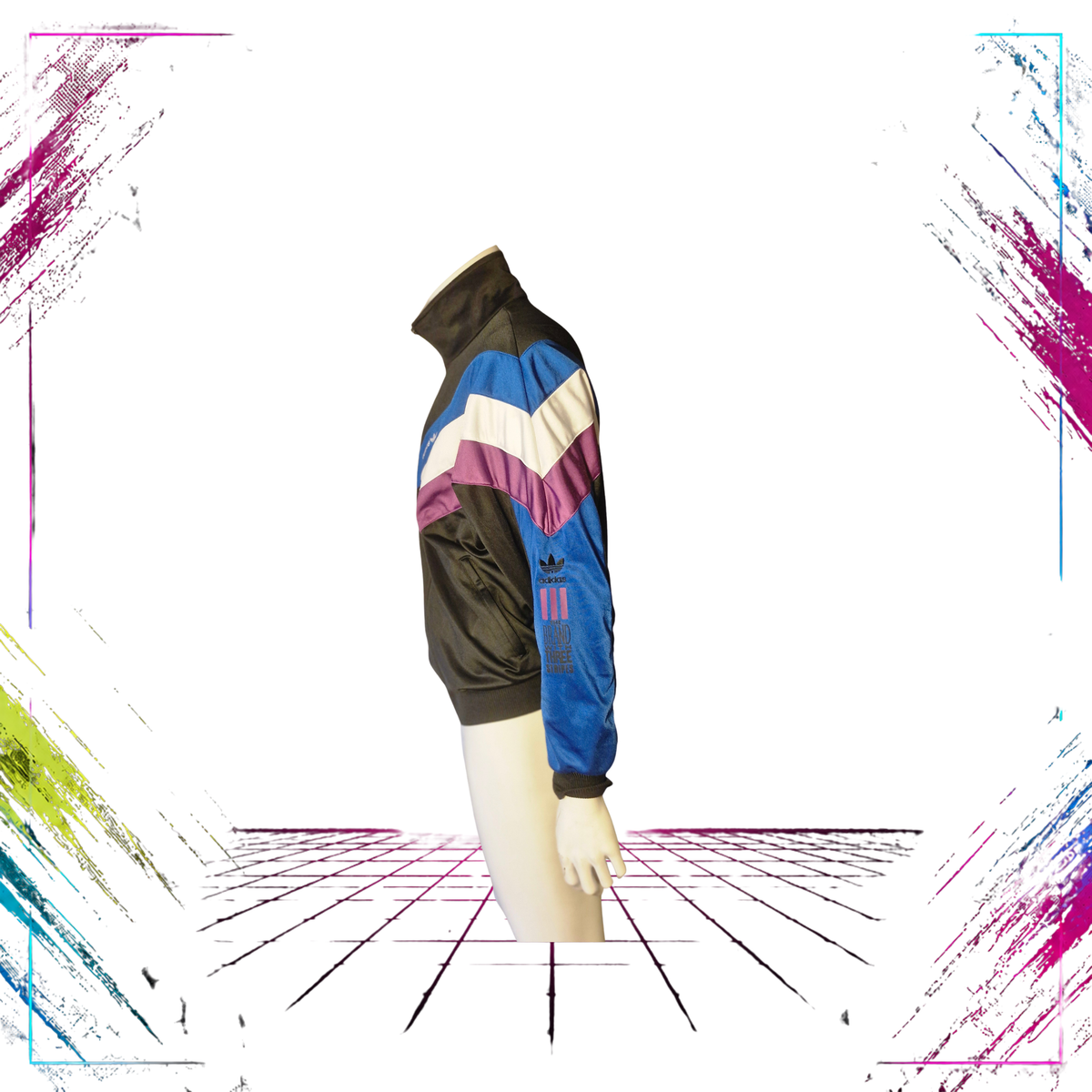 Archival mid-90s Adidas asymmetric colourblock track jacket — other side view, black/blue/white/purple — ThePlugOfVintage