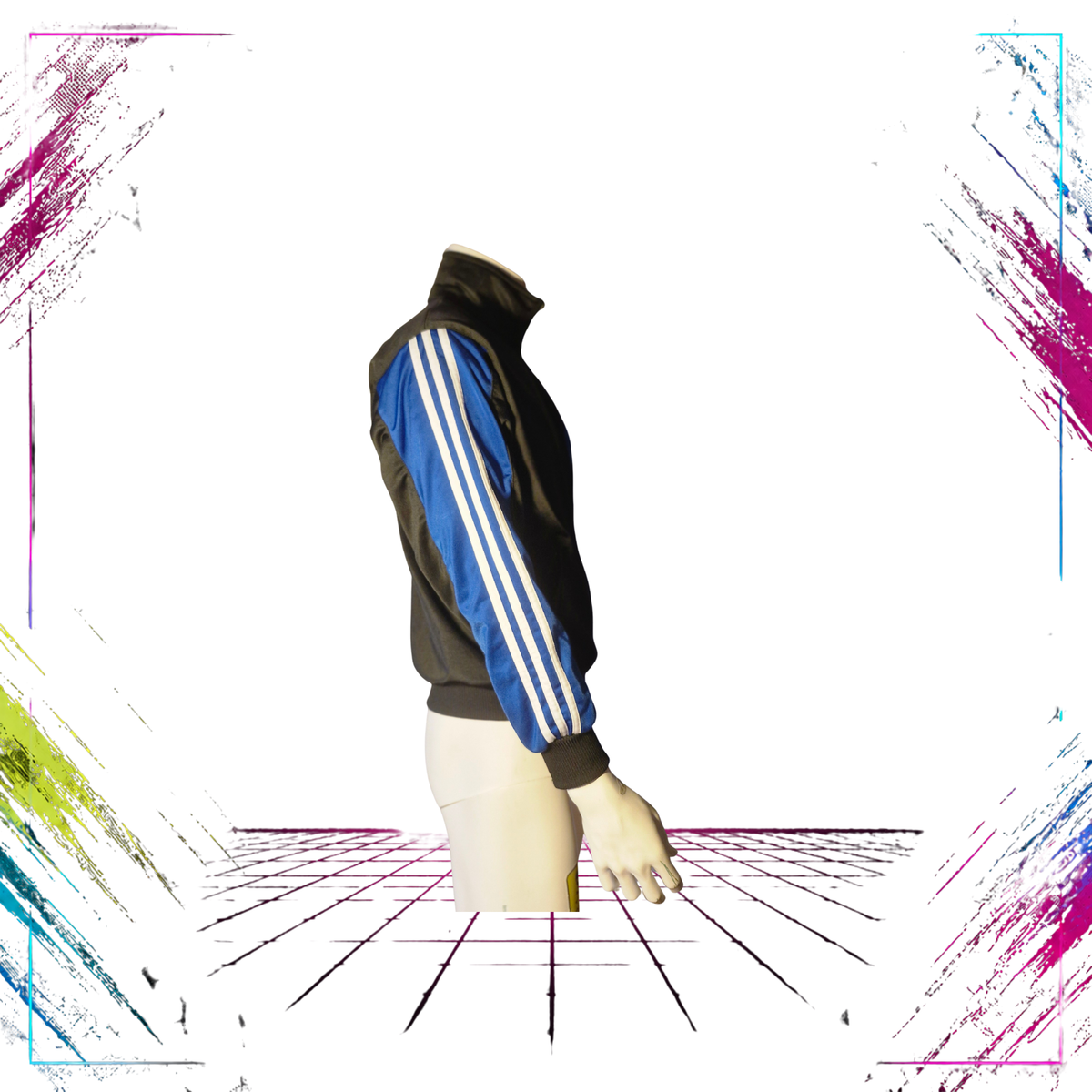 Archival mid-90s Adidas asymmetric colourblock track jacket — side view, colourblock panelling detail — ThePlugOfVintage