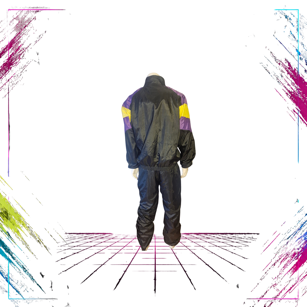 Crinkle Nylon Shell Tracksuit Set — Electric Purple / Neon Yellow — Early 90s — Size XL