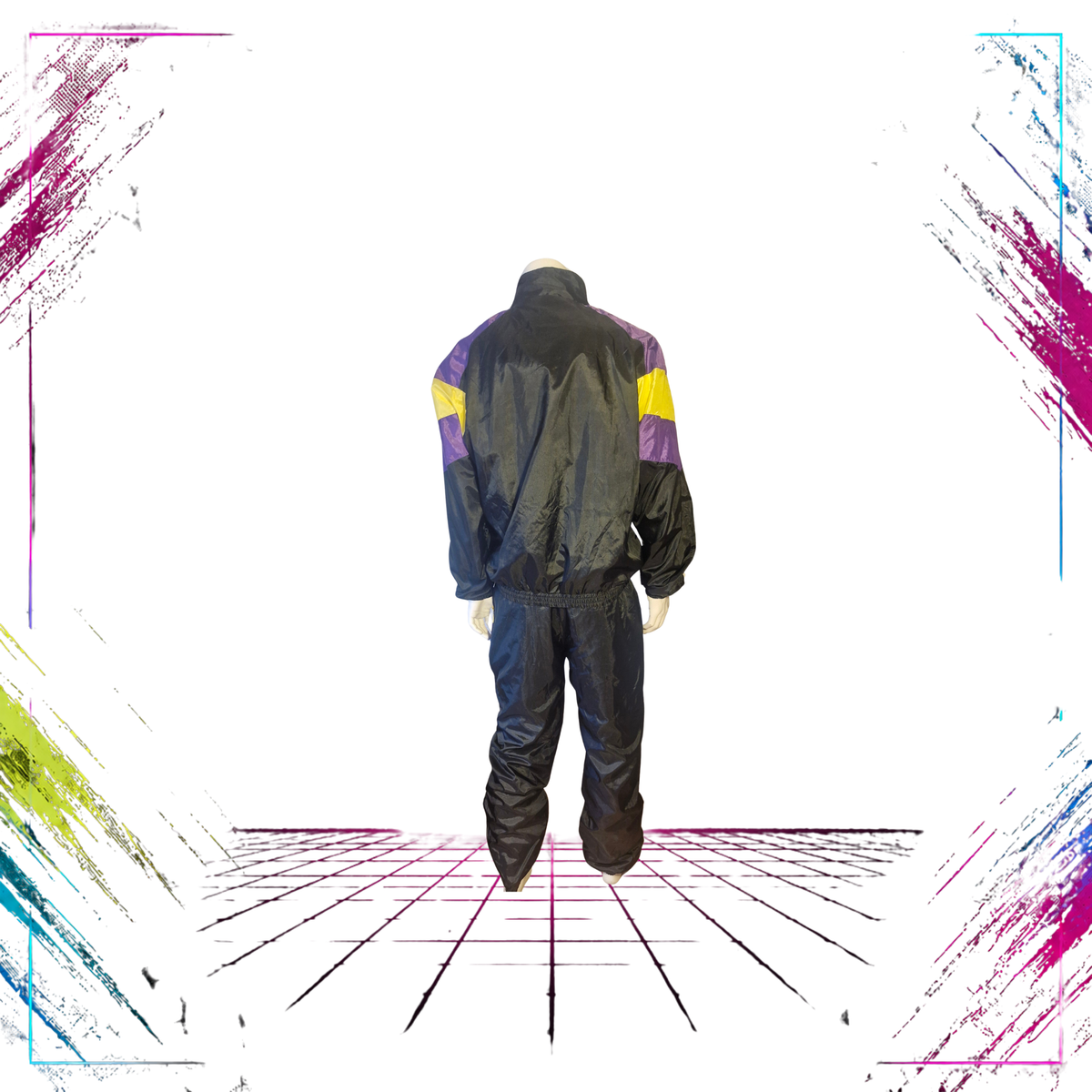 Crinkle Nylon Shell Tracksuit Set — Electric Purple / Neon Yellow — Early 90s — Size XL