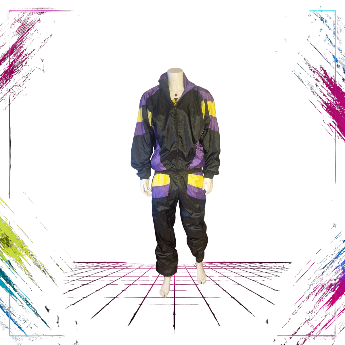 Crinkle Nylon Shell Tracksuit Set — Electric Purple / Neon Yellow — Early 90s — Size XL