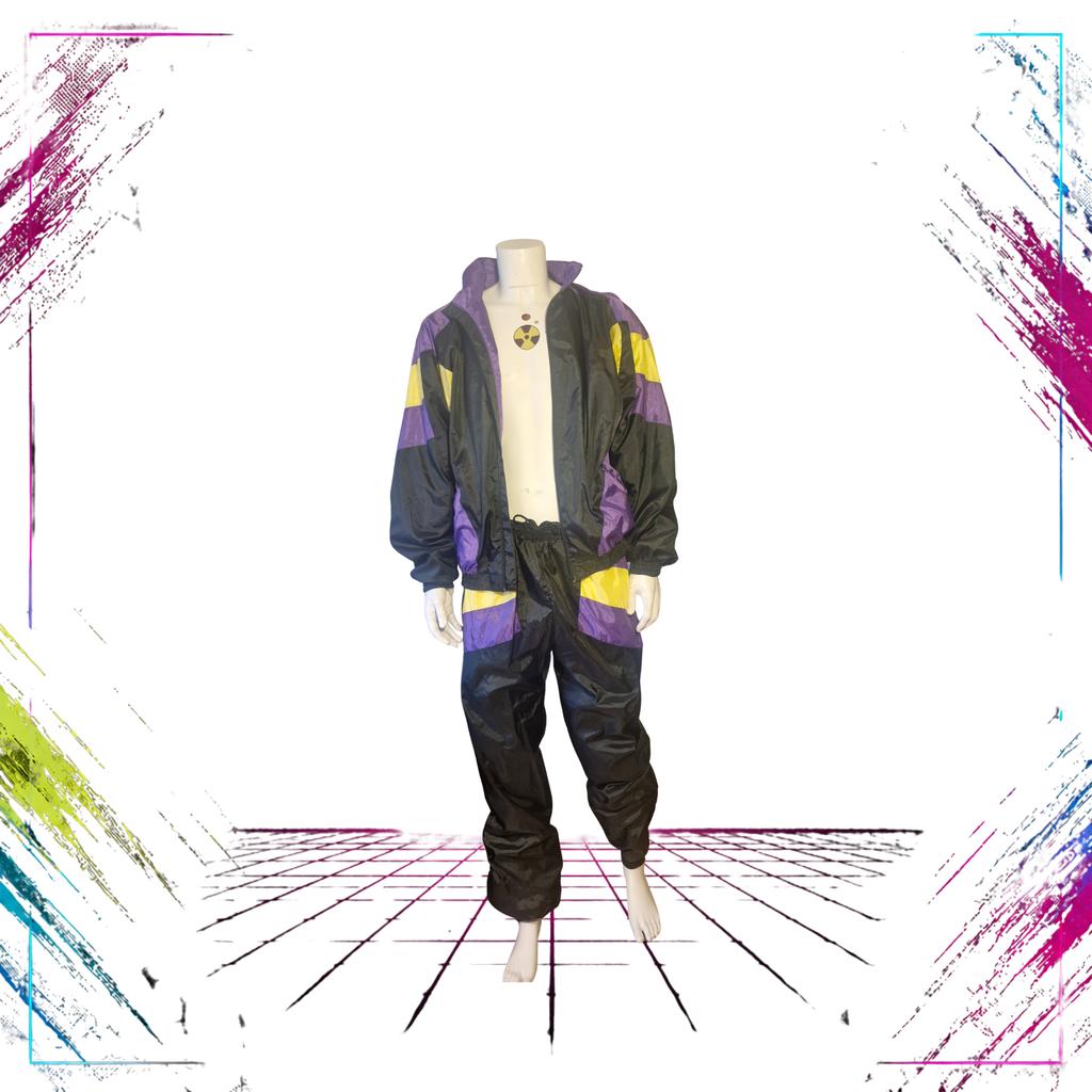 Early 90s crinkle nylon shell tracksuit set — front open view, electric purple/neon yellow — Size XL — ThePlugOfVintage