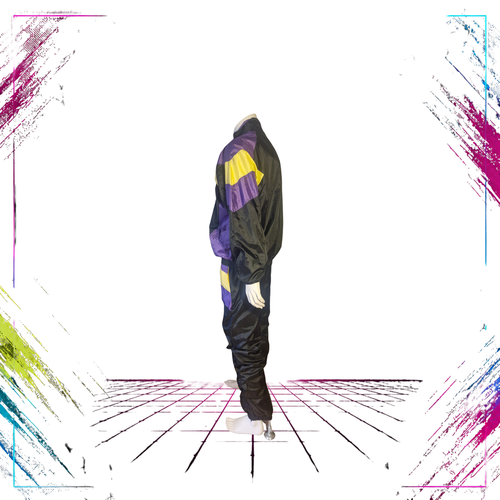 Crinkle Nylon Shell Tracksuit Set — Electric Purple / Neon Yellow — Early 90s — Size XL