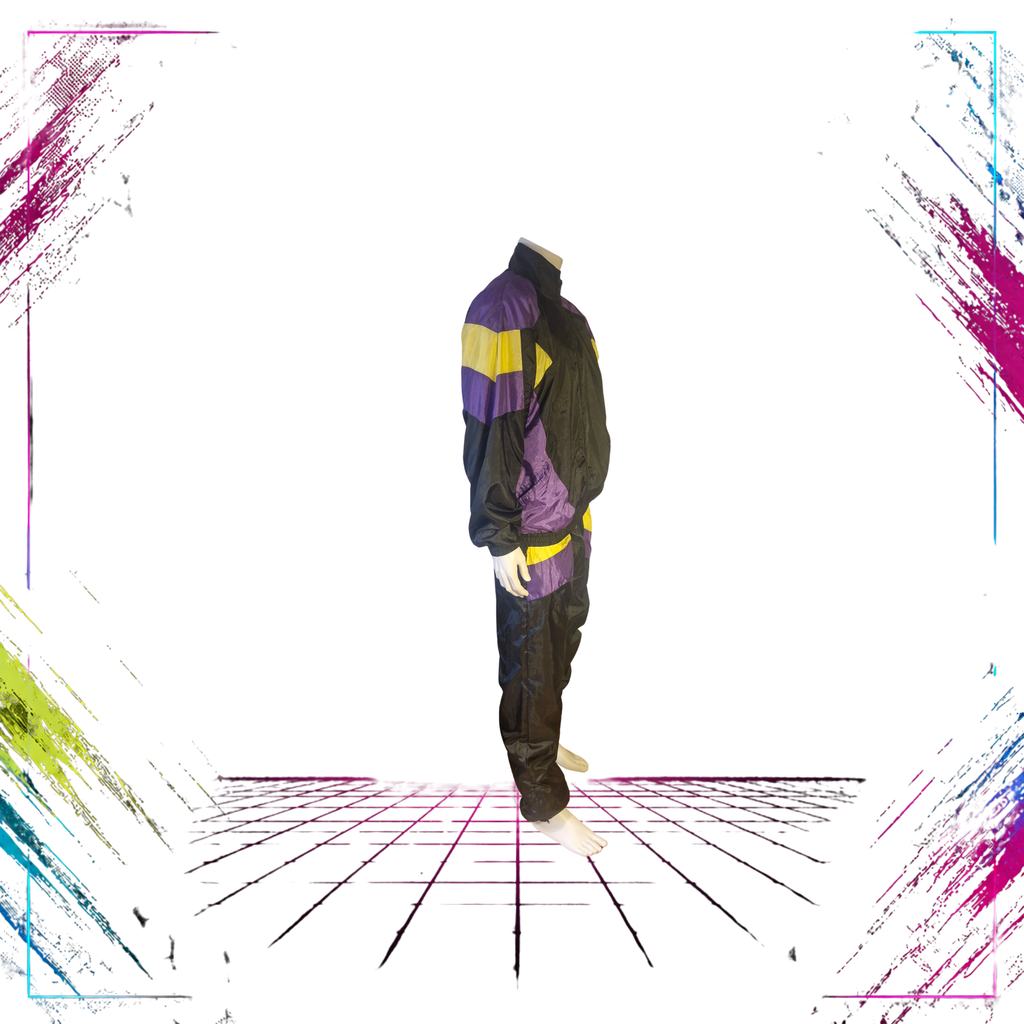 Crinkle Nylon Shell Tracksuit Set — Electric Purple / Neon Yellow — Early 90s — Size XL