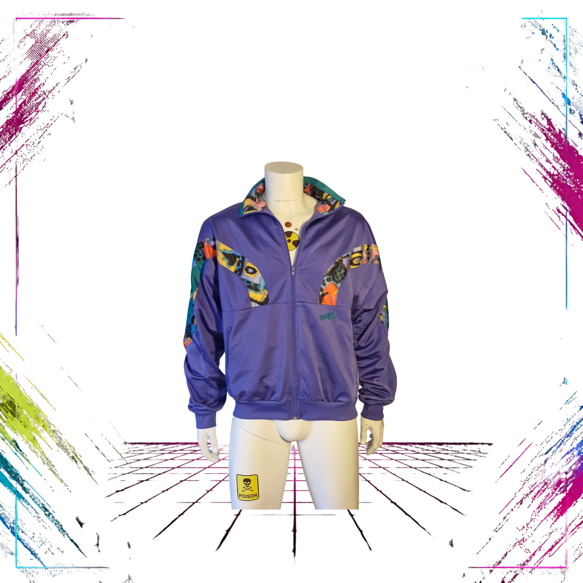 Early 90s Panther Sportswear abstract cyber splash track jacket — front open view, purple/green/multicolour — Size L — ThePlugOfVintage