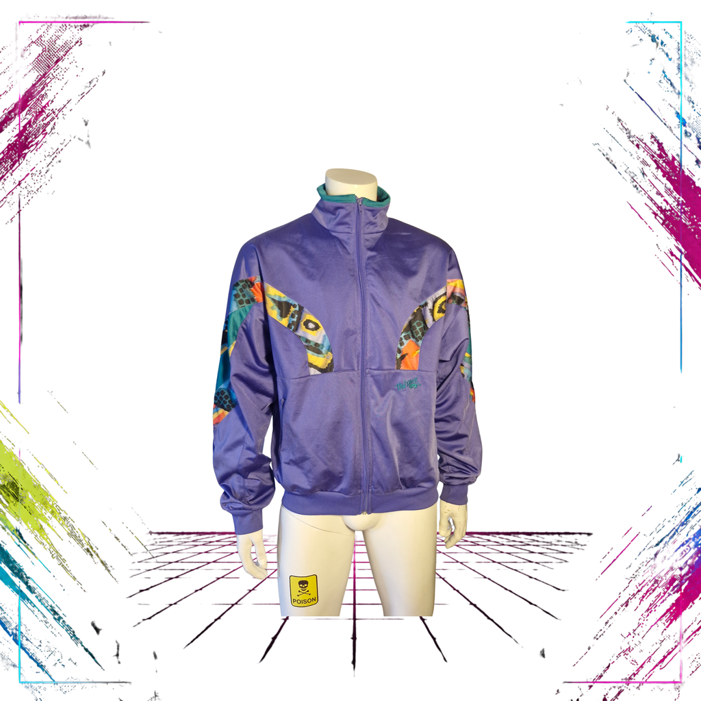 Early 90s Panther Sportswear abstract cyber splash track jacket — front closed view, purple/green/multicolour — ThePlugOfVintage