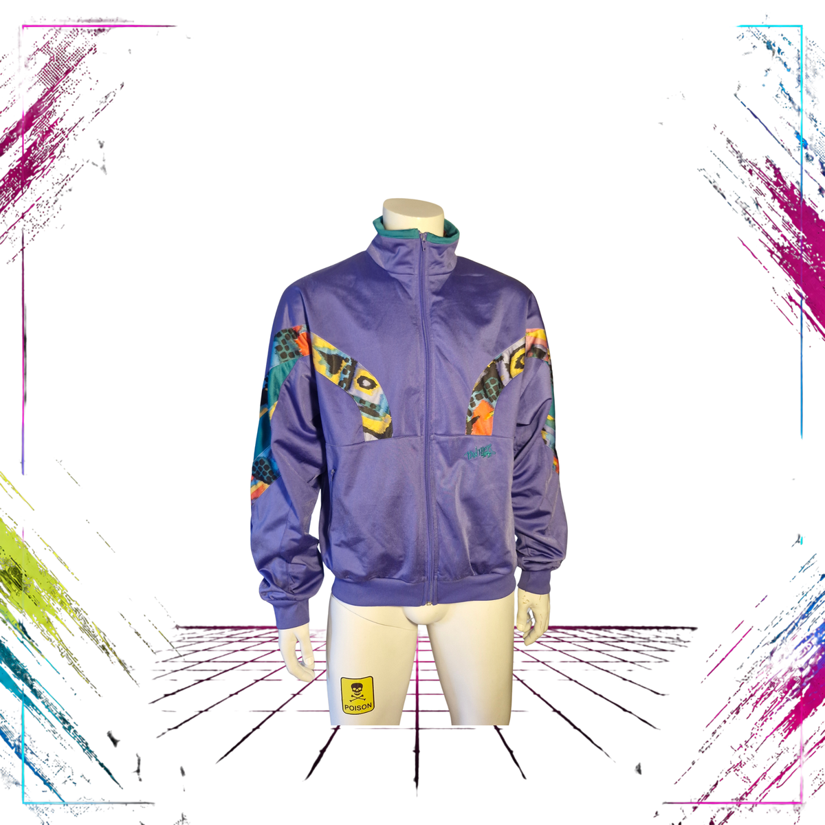 Early 90s Panther Sportswear abstract cyber splash track jacket — front closed view, purple/green/multicolour — ThePlugOfVintage