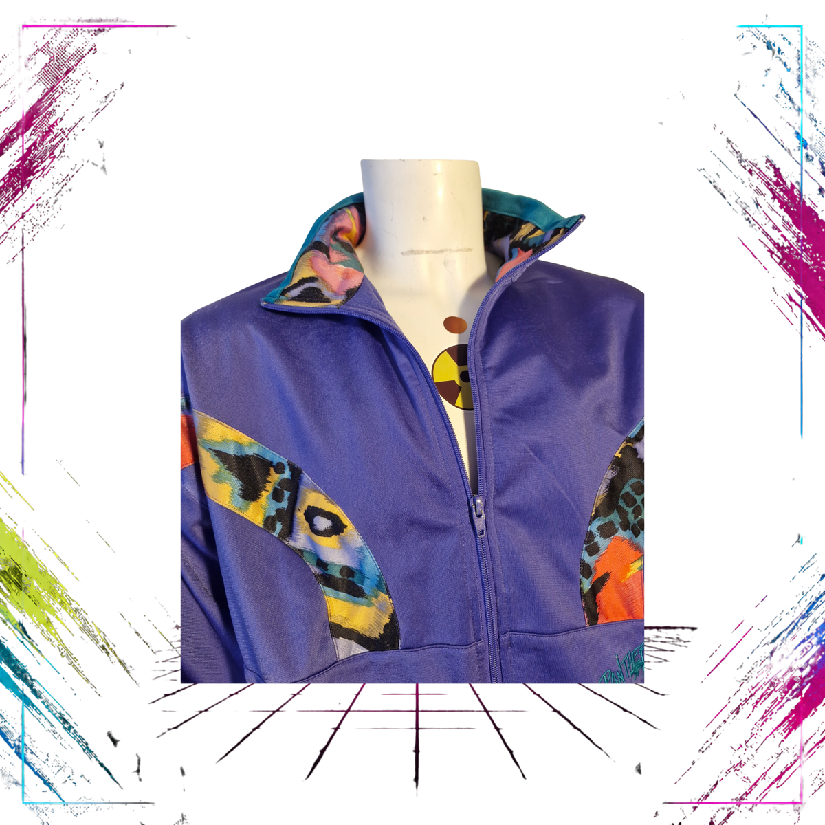Early 90s Panther Sportswear abstract cyber splash track jacket — front graphic pattern close-up — ThePlugOfVintage