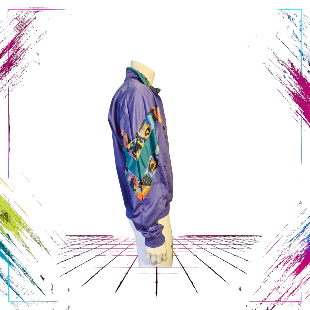 Early 90s Panther Sportswear abstract cyber splash track jacket — side view, purple/green/multicolour — ThePlugOfVintage