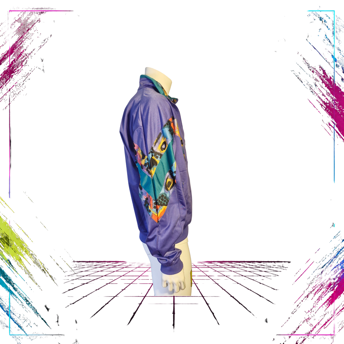 Early 90s Panther Sportswear abstract cyber splash track jacket — side view, purple/green/multicolour — ThePlugOfVintage