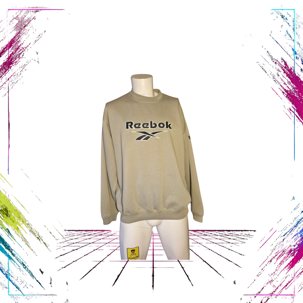 Late 90s Reebok Essentials embroidered heavyweight crewneck — front view, grey/olive-green, oversize S — ThePlugOfVintage