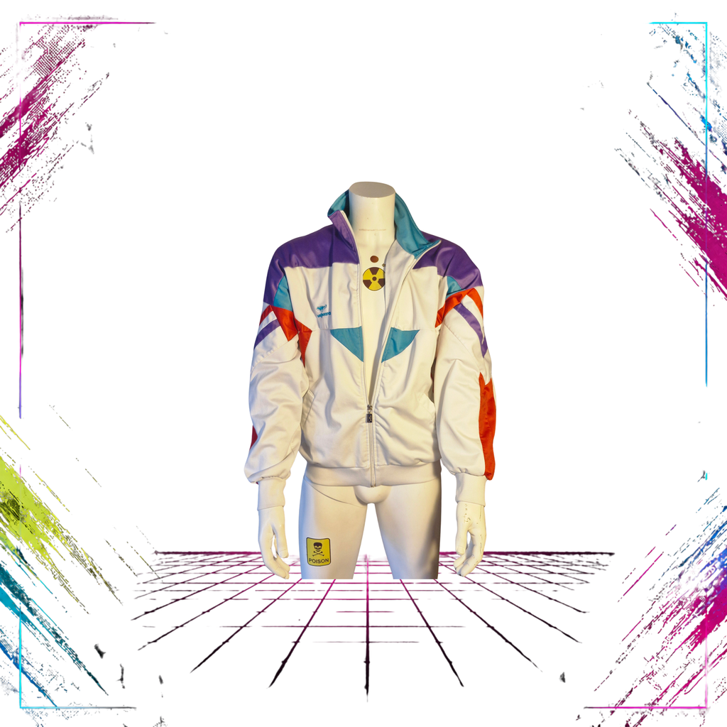 Late 80s Bagheera Sweden colourblock track jacket — front open view, white/turquoise/red/purple — Size M — ThePlugOfVintage