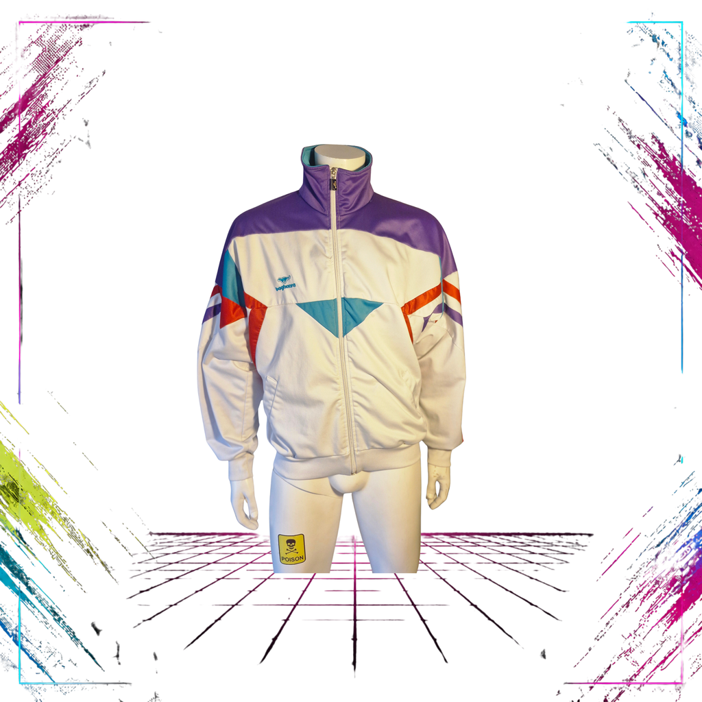 Late 80s Bagheera Sweden colourblock track jacket — front closed view, white/turquoise/red/purple — ThePlugOfVintage