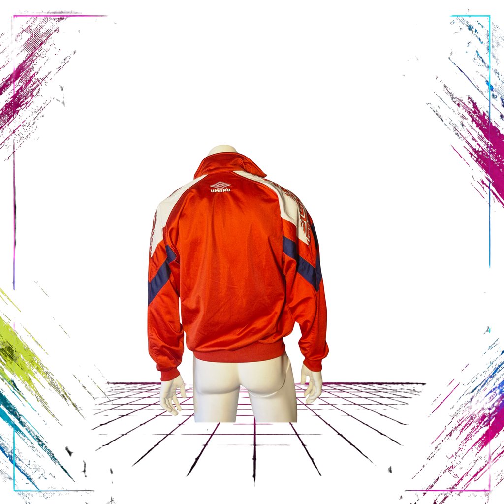 Late 80s Umbro Sultrade shiny geometric acetate track jacket — back view — ThePlugOfVintage