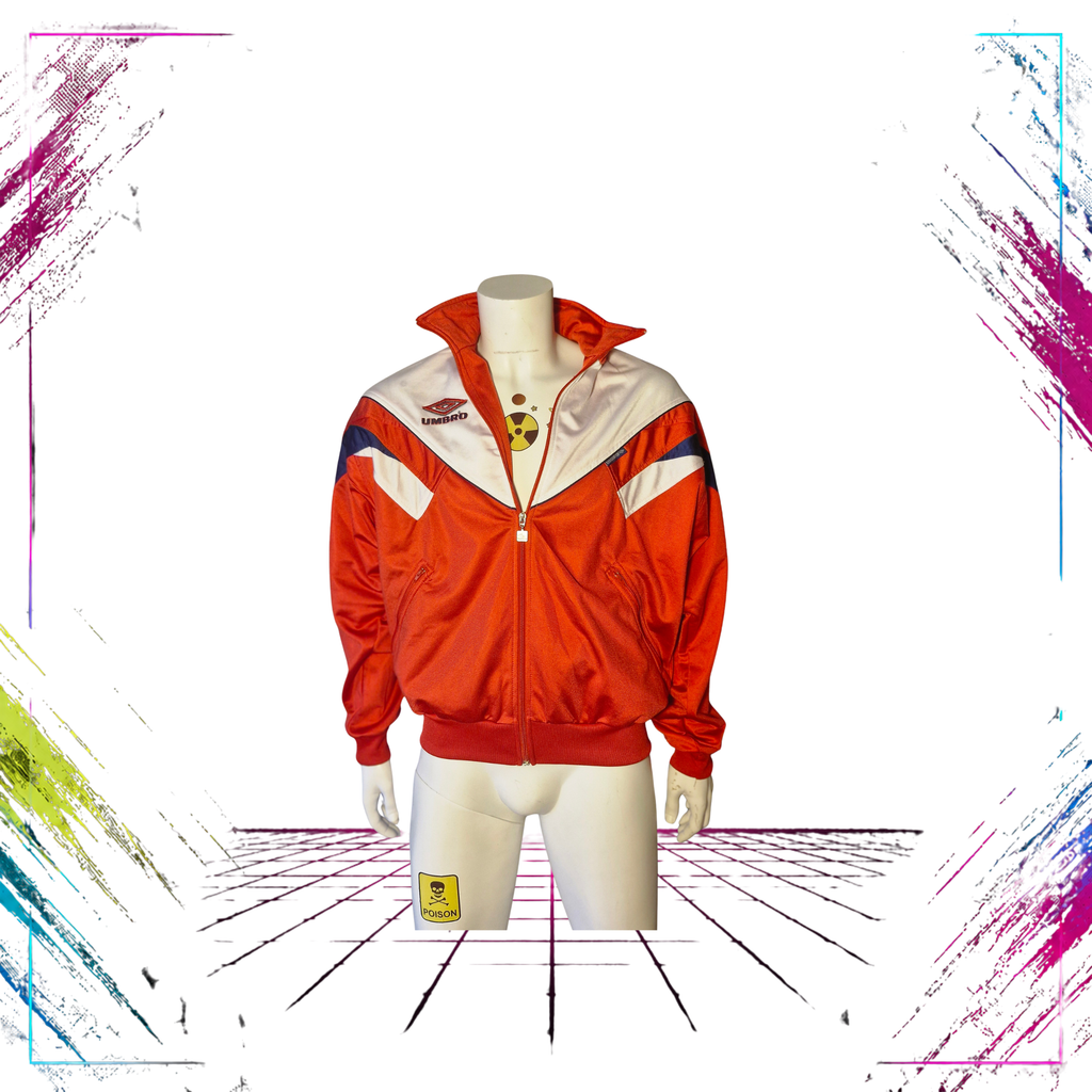 Late 80s Umbro Sultrade shiny geometric acetate track jacket — front open view, red/dark navy/white — Size M — ThePlugOfVintage