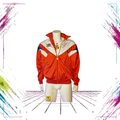 Late 80s Umbro Sultrade shiny geometric acetate track jacket — front open view, red/dark navy/white — Size M — ThePlugOfVintage
