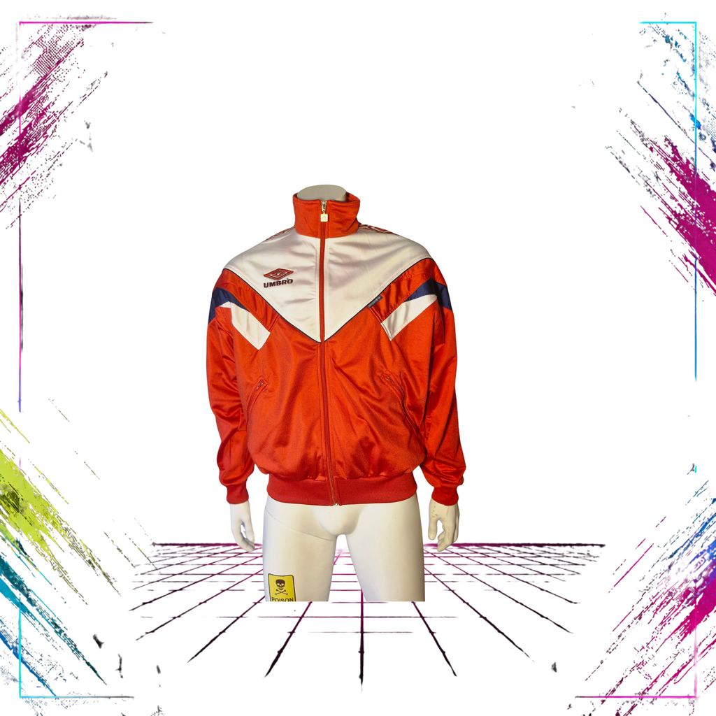 Late 80s Umbro Sultrade shiny geometric acetate track jacket — front closed view, red/dark navy/white — ThePlugOfVintage