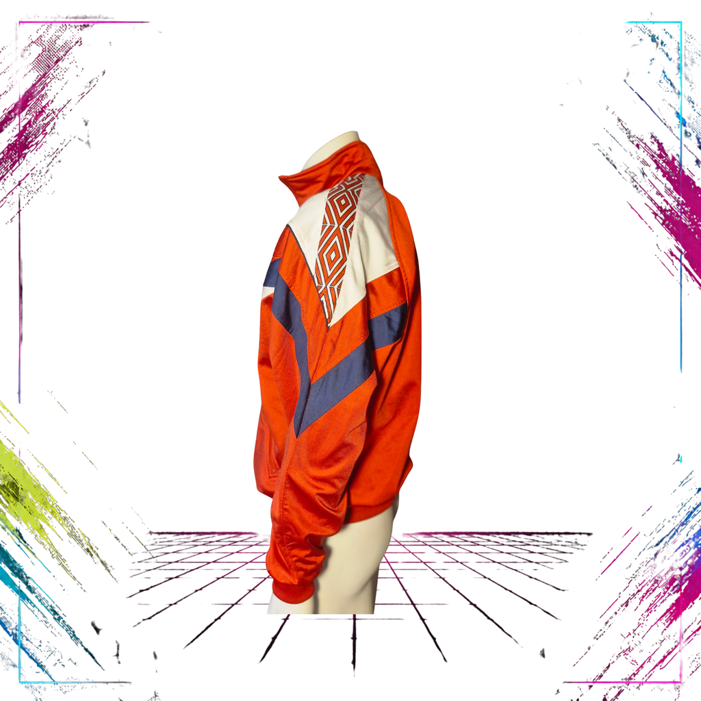 Late 80s Umbro Sultrade shiny geometric acetate track jacket — left side view, red/dark navy/white — ThePlugOfVintage