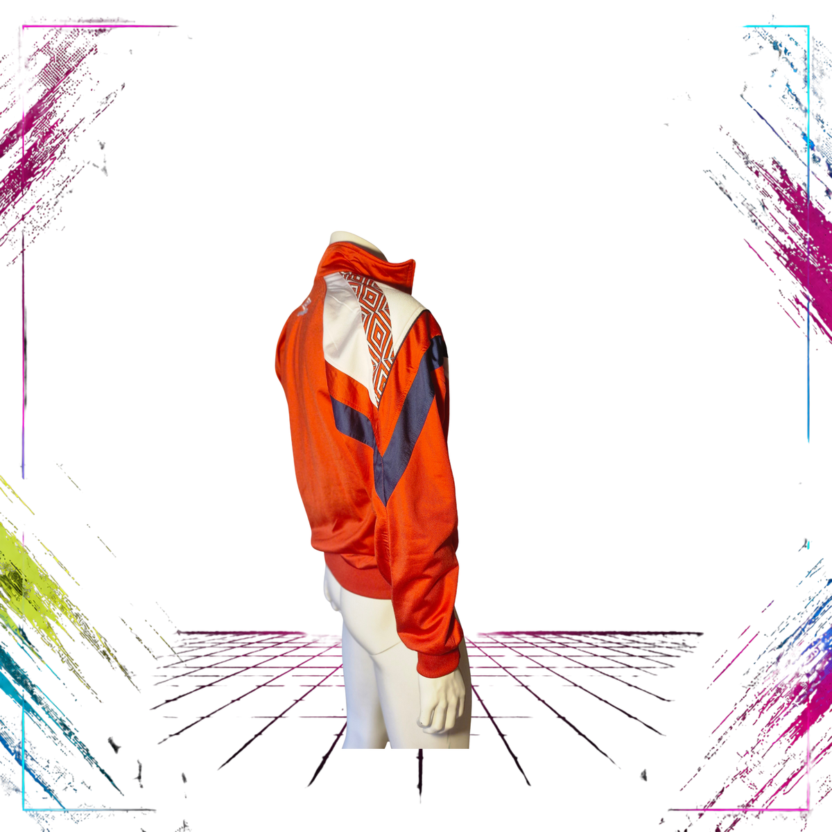 Late 80s Umbro Sultrade shiny geometric acetate track jacket — side view — ThePlugOfVintage