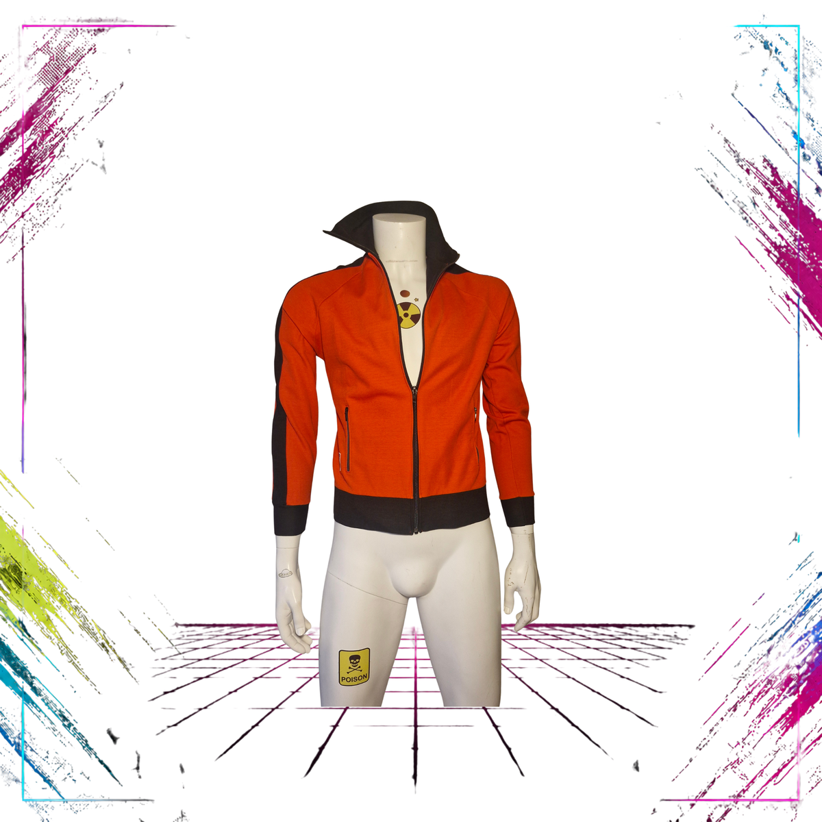 Late 70s Finnwear Kipi Club track jacket by Suomen Trikoo — front open view, bright red/black — Size 40 — ThePlugOfVintage