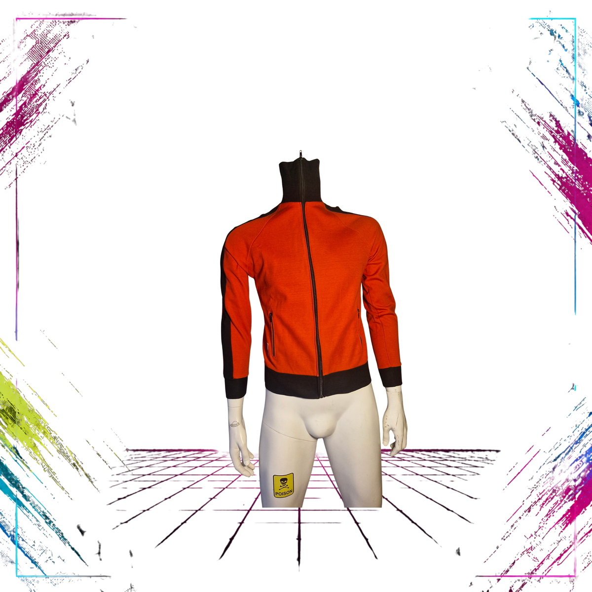 Late 70s Finnwear Kipi Club track jacket by Suomen Trikoo — front closed view, bright red/black — ThePlugOfVintage
