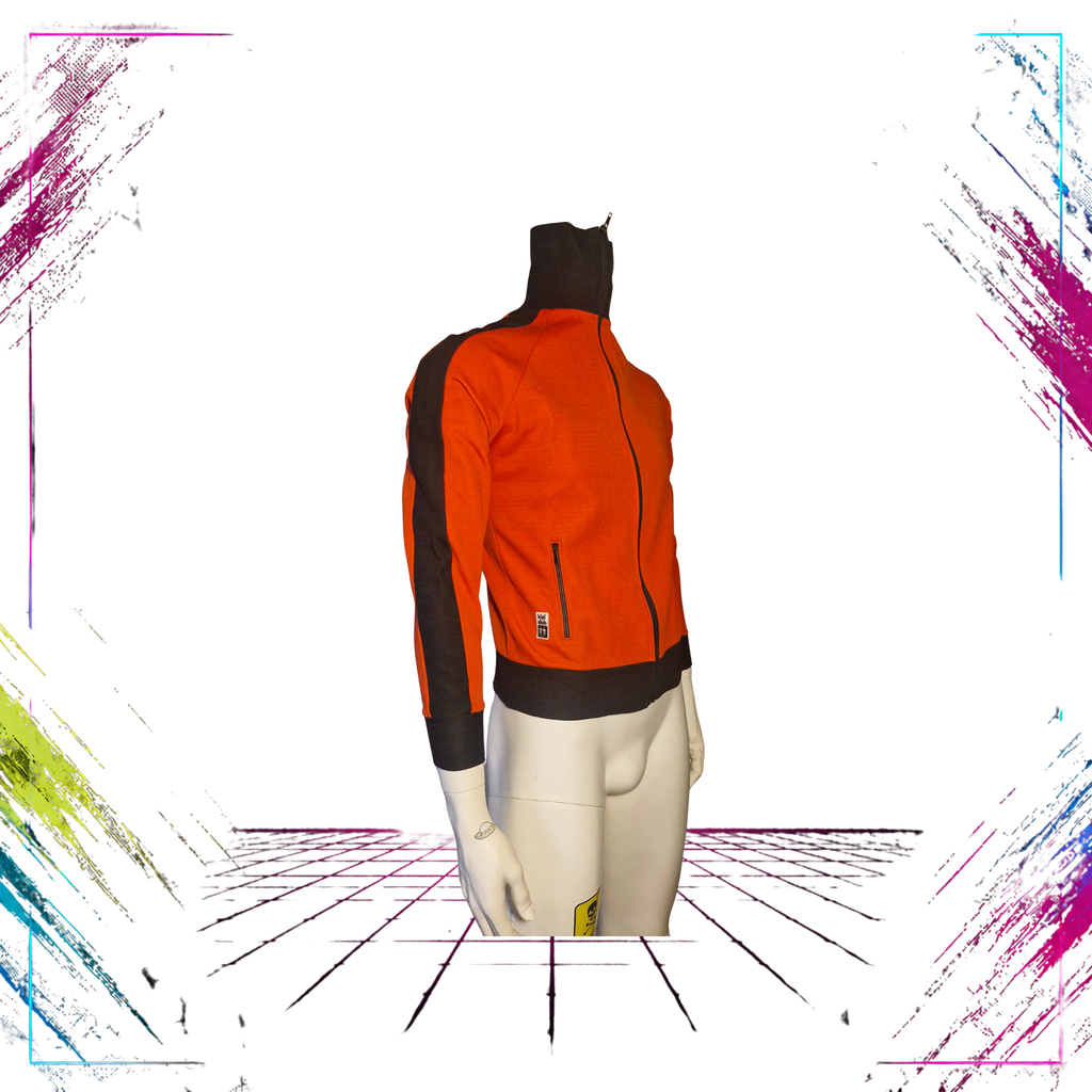 Late 70s Finnwear Kipi Club track jacket by Suomen Trikoo — side view, bright red/black — ThePlugOfVintage